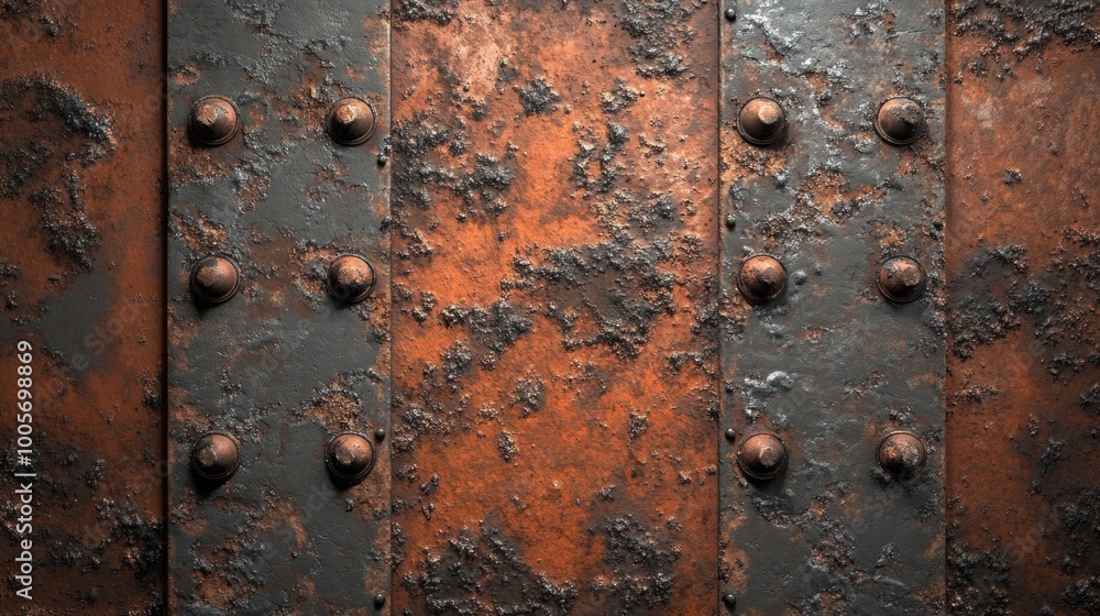 A textured surface of rusted metal plates with rivets, showcasing decay and industrial aesthetics. A textured surface of rusted metal plates with rivets, showcasing decay and industrial aesthetics.