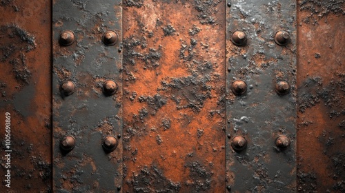 A textured surface of rusted metal plates with rivets, showcasing decay and industrial aesthetics.