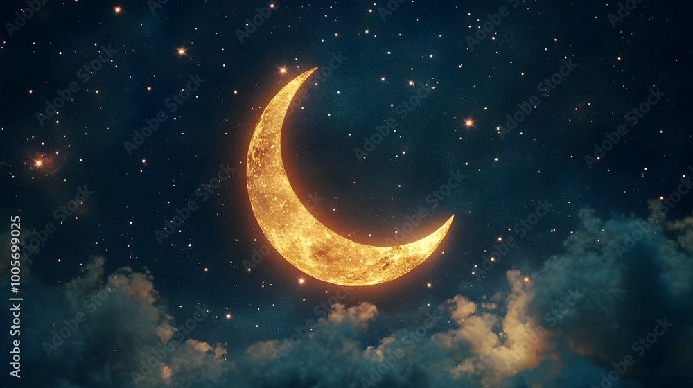 Mesmerizing Crescent Moon Adorning Starry Night Sky with Wispy Clouds Mesmerizing Crescent Moon Adorning Starry Night Sky with Wispy Clouds