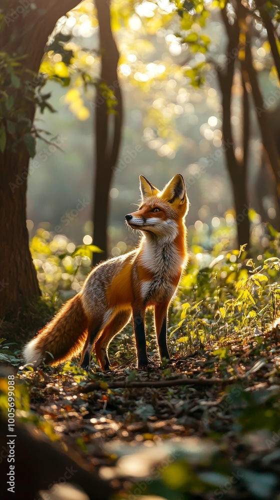 Fototapeta premium Capture the elusive charm of a fox in its natural habitat, showcasing its sleek orange fur, bushy tail, and keen expression as it gracefully navigates through a lush forest, illuminated by dappled sun