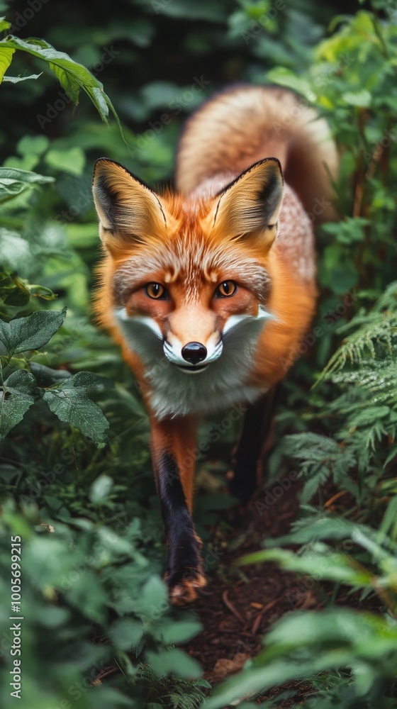 Fototapeta premium Capture the elusive charm of a fox in its natural habitat, showcasing its sleek orange fur, bushy tail, and keen expression as it gracefully navigates through a lush forest, illuminated by dappled sun