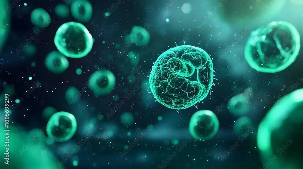 Glowing Cells in Dark Medical Setting Representing Biological Growth and Healing Glowing Cells in Dark Medical Setting Representing Biological Growth and Healing