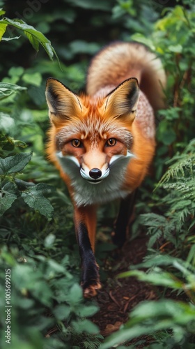 Capture the elusive charm of a fox in its natural habitat, showcasing its sleek orange fur, bushy tail, and keen expression as it gracefully navigates through a lush forest, illuminated by dappled sun