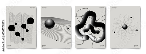 Set of abstract monochrome templates of posters, backgrounds. Creative minimalist design with line, abstract shape and pattern, gradient elements. Vector illustration, collage. Space, technology.