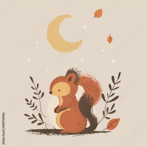 Adorable hand-drawn squirrel with moon and autumn leaves, perfect for children's books, greeting cards, and seasonal designs.