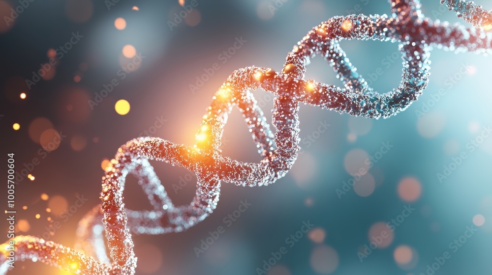A close up of a DNA molecule with glowing nucleotides, highlighting the intricate structure and the role of genetics in life. A close up of a DNA molecule with glowing nucleotides, highlighting the intricate structure and the role of genetics in life.
