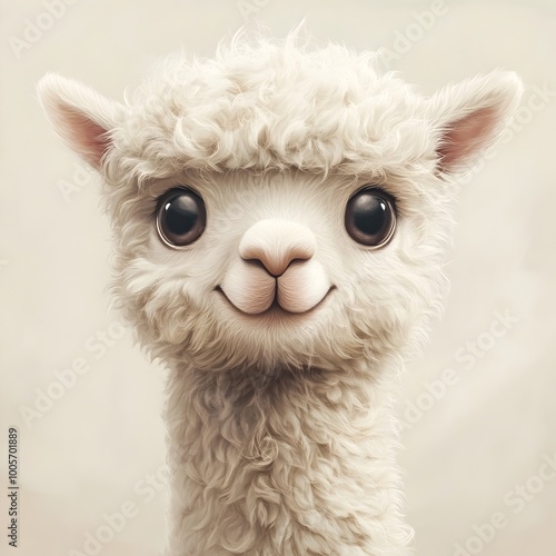 Closeup Smiling Fluffy Alpaca Face in Neutral Background