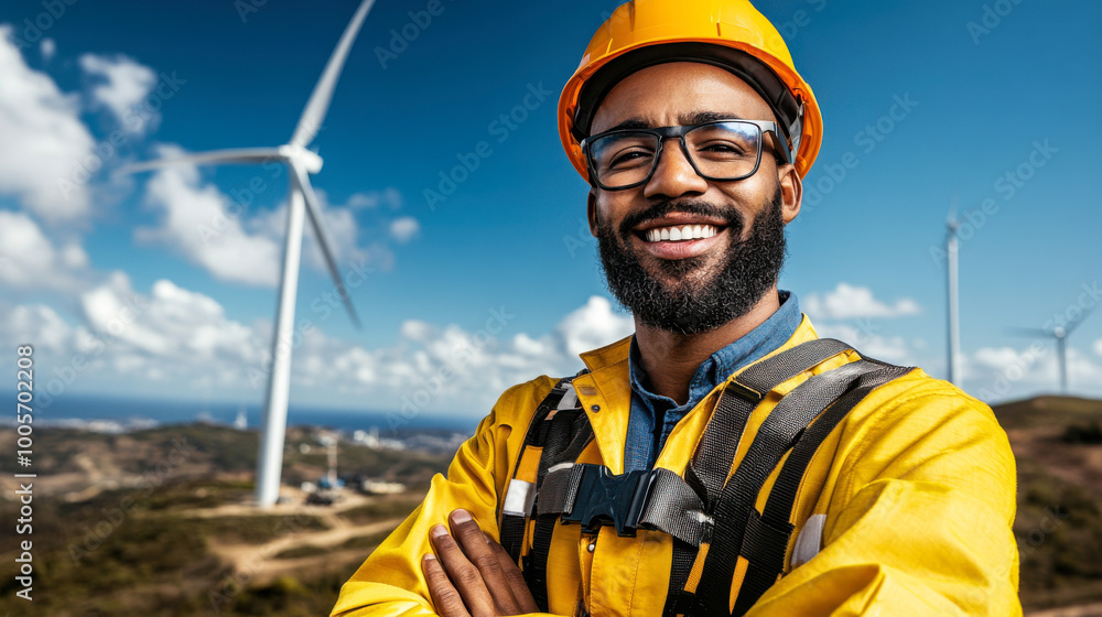 Smiling engineer at wind farm, outdoor setting Smiling engineer at wind farm, outdoor setting