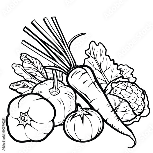 Wallpaper Mural Single line drawing for coloring page of fruits vegetables. Set of illustrated vegetables, Set of simple drawings of vegetables good for coloring books.  Torontodigital.ca