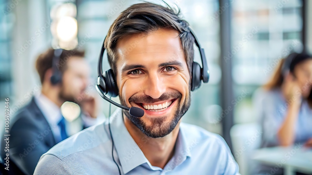Smiling customer service representative in a modern office Smiling customer service representative in a modern office