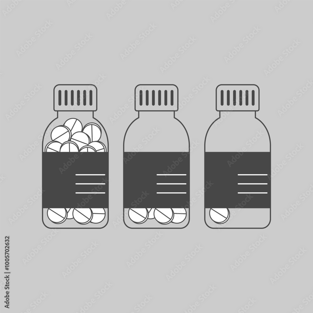 Three bottles of medication with pills inside, displayed in a simple vector design Three bottles of medication with pills inside, displayed in a simple vector design