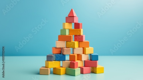 Colorful Wooden Blocks Pyramid on Blue Background