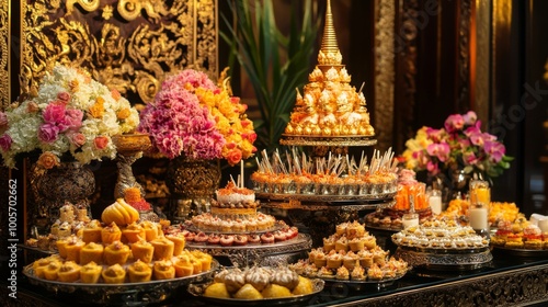 A festive display of Thai desserts during a cultural celebration, with intricate decorations and colorful sweets arranged elegantly, showcasing the beauty of Thai culinary art