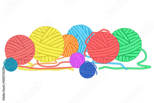 Balls of yarn isolated on white background. Pile of yarn ball for knitting. Tools for knitwork, handicraft, crocheting, hand knitting.Colorfull clews of wool for hobby or diy.Stock vector illustration
