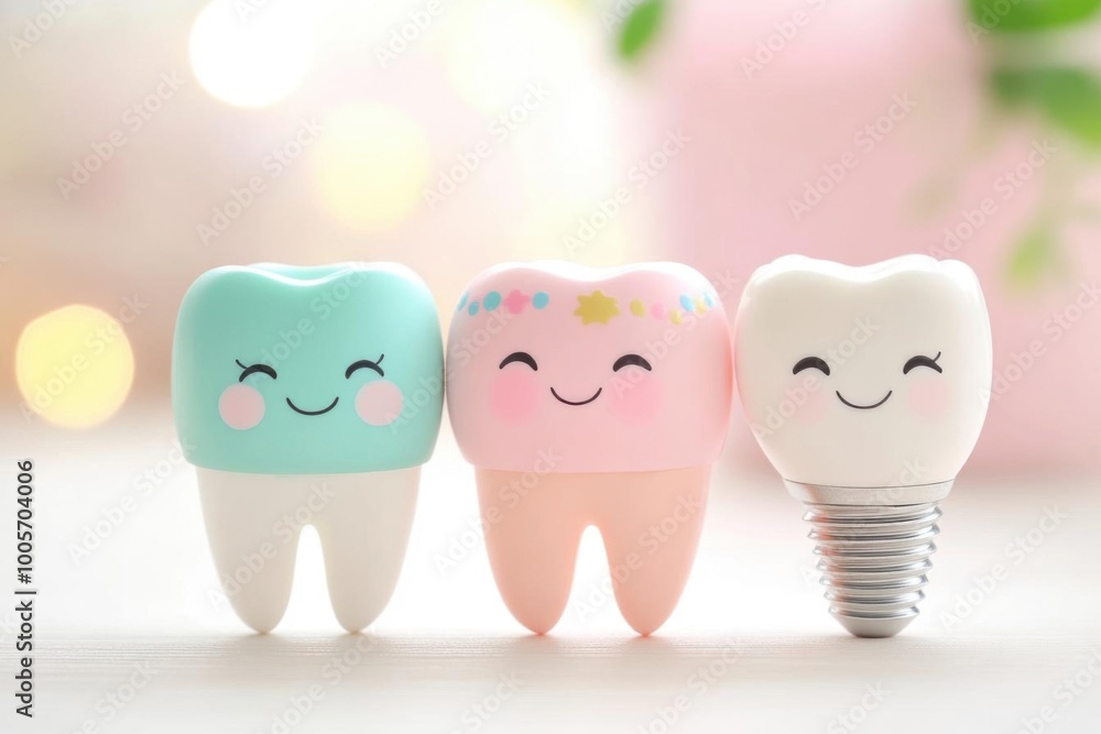 Obraz premium Cute dental characters representing healthy teeth, promoting oral hygiene and dental care with a playful and friendly design.