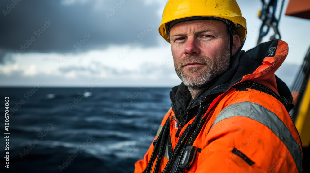 Worker at sea, focused expression Worker at sea, focused expression