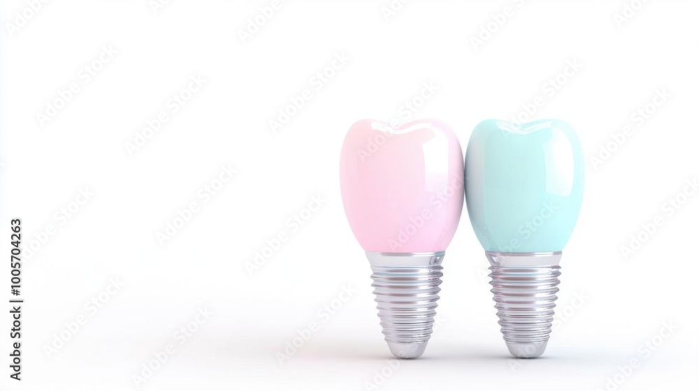 Two artificial dental implants in pink and blue colors, showcasing modern dental technology for aesthetic dentistry. Two artificial dental implants in pink and blue colors, showcasing modern dental technology for aesthetic dentistry.