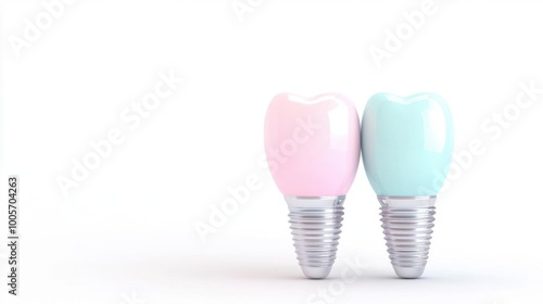 Two artificial dental implants in pink and blue colors, showcasing modern dental technology for aesthetic dentistry.