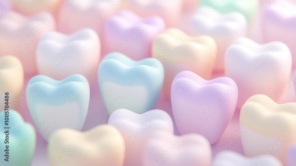 Obraz premium A colorful arrangement of pastel teeth shapes creates a whimsical, playful atmosphere perfect for dental themes.