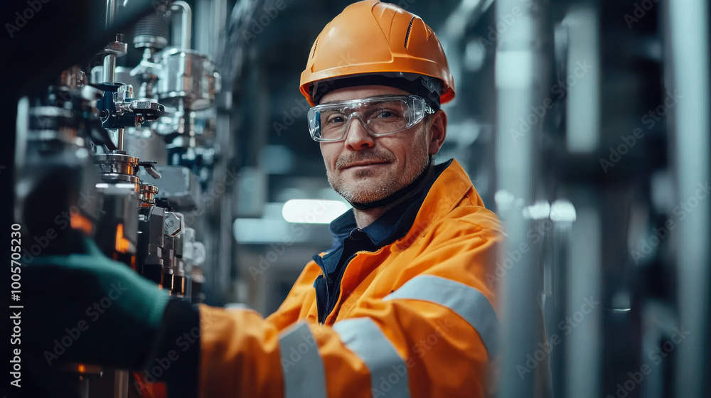 Worker in safety gear, industrial setting Worker in safety gear, industrial setting