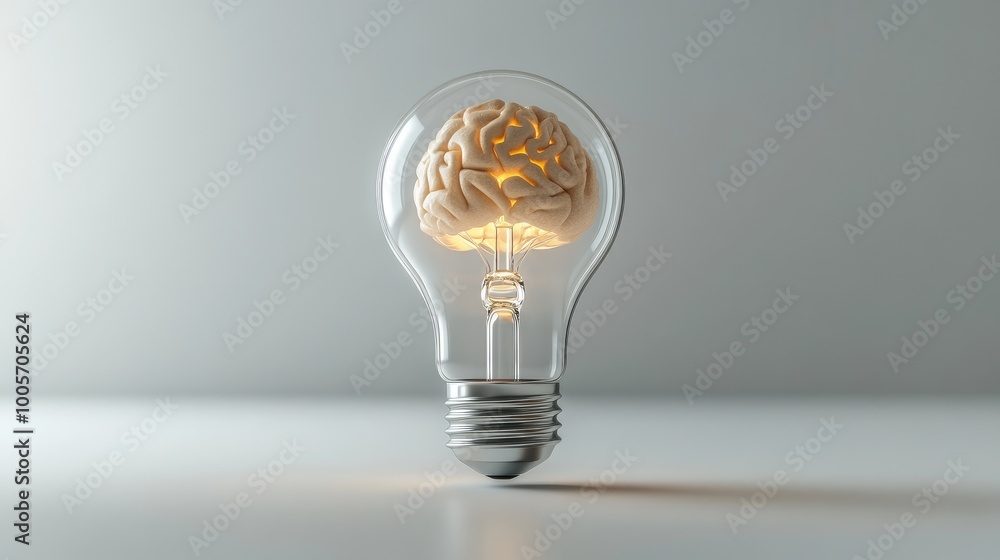 Brain glowing inside a light bulb, isolated on a minimalistic white surface, symbolizing ideas and innovation. No people, no logos. Brain glowing inside a light bulb, isolated on a minimalistic white surface, symbolizing ideas and innovation. No people, no logos.