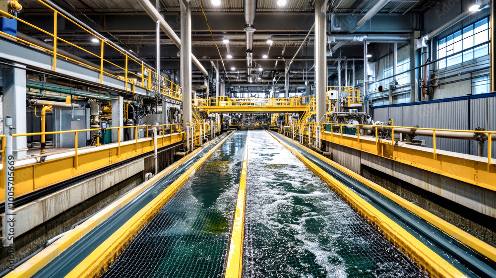 Heavy machinery cleans waste at a wastewater treatment facility, utilizing nets and wooden slats to help recycle garbage effectively Heavy machinery cleans waste at a wastewater treatment facility, utilizing nets and wooden slats to help recycle garbage effectively