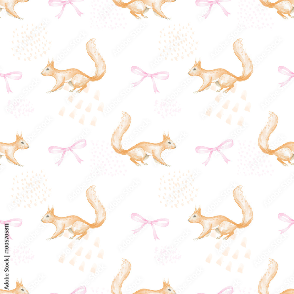 Fototapeta premium Cute red squirrels with bows. Seamless watercolor pattern on white background for textiles and wrapping paper. Cute autumn illustration