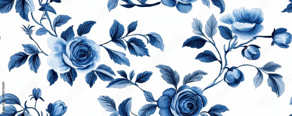 Blue floral pattern featuring roses and leaves on a white background, perfect for textiles and home decor. Blue floral pattern featuring roses and leaves on a white background, perfect for textiles and home decor.