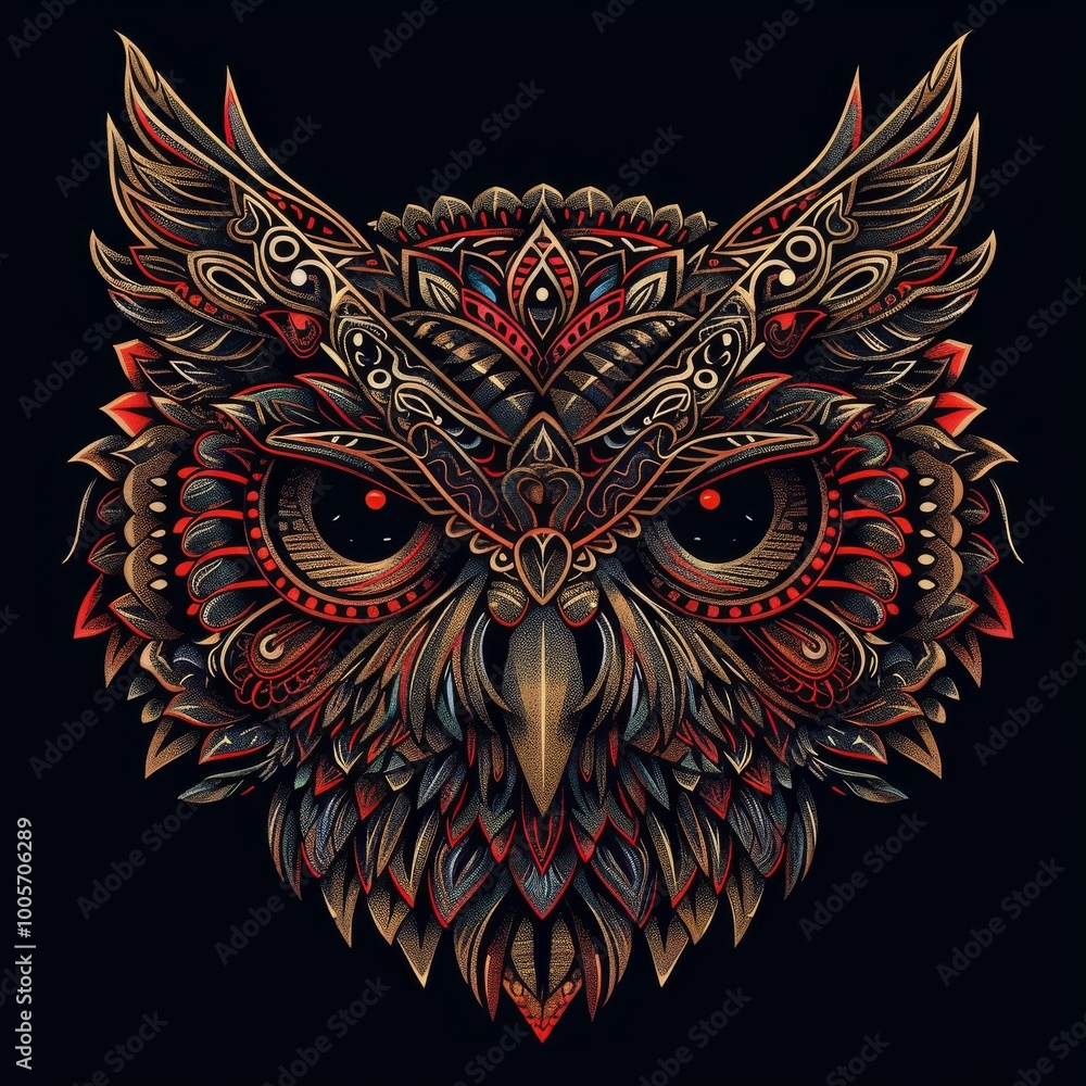 Fototapeta premium Owl head with detailed tribal decorations in a flat lay perspective.