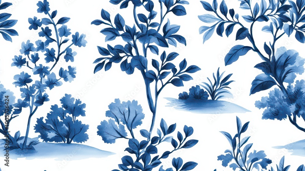 A serene pattern featuring blue botanical illustrations on a white background, evoking a calm and elegant atmosphere. A serene pattern featuring blue botanical illustrations on a white background, evoking a calm and elegant atmosphere.