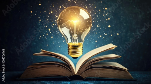 Flickering lightbulb floating above an open book, its warm glow symbolizing ideas and knowledge. No people, no logos, clean background.