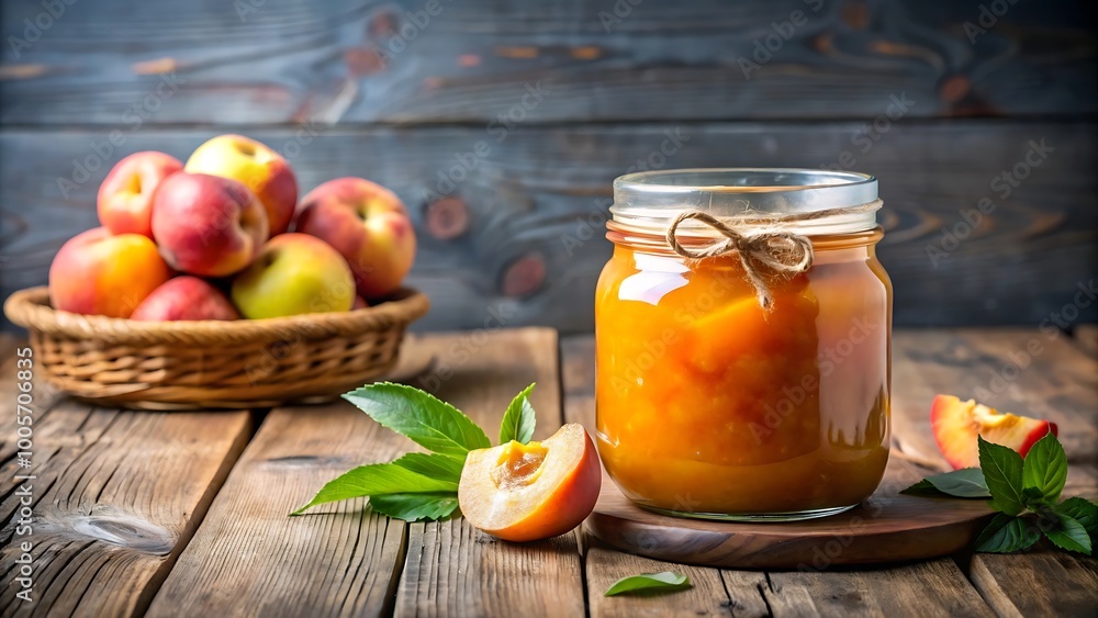 Homemade apple jam with fresh apples in a rustic setting Homemade apple jam with fresh apples in a rustic setting