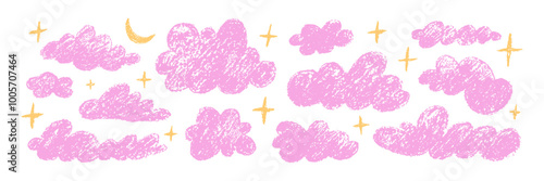 Crayon textured fluffy clouds and stars set. Kids scribble, baby drawing, painting by chalk, wax pencil sketch in doodle childish style. Hand-drawn vector illustration isolated on white background