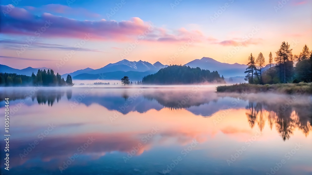 Serene sunrise over misty mountain lake landscape Serene sunrise over misty mountain lake landscape