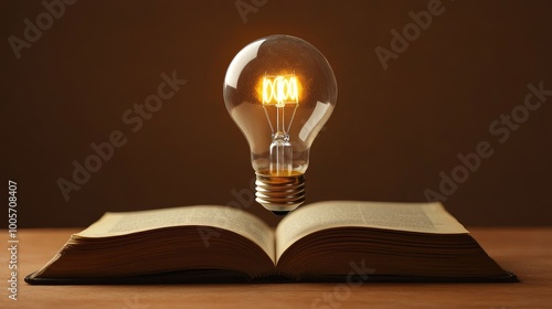 Lightbulb floating above an open book, its flickering glow symbolizing intellectual curiosity. No people, no logos, simple scene.