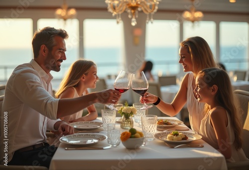 A couple enjoys a romantic dinner at a fancy restaurant, toasting with wine as soft lighting creates a warm and intimate atmosphere. The elegant setting highlights their special evening. photo