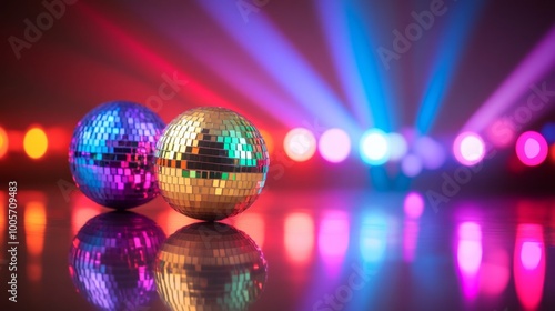 Two disco balls reflect vibrant colorful lights, creating a festive and energetic atmosphere perfect for a party or celebration.