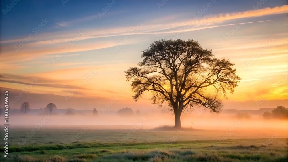 Majestic tree in a serene misty sunrise landscape Majestic tree in a serene misty sunrise landscape