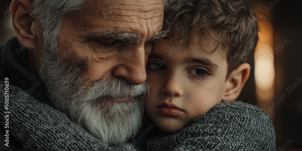 A close up of an elderly man with gray hair and beard, hugging his young son, generative AI A close up of an elderly man with gray hair and beard, hugging his young son, generative AI
