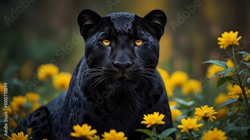 A close-up portrait of a black leopard with piercing yellow eyes, poised to pounce. Set against a vibrant backdrop of yellow flowers and leaves, this intense scene radiates power and beauty.