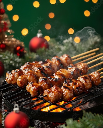 Yakitori skewers grilling over open flames at a festive stall, set against a green background, surrounded by holiday decorations, room for promotional content. photo