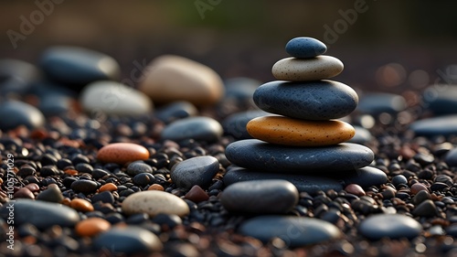 A low-angle shot of five vibrant pebbles stacked in a pyramid formation, with a blurred dark background. The smooth blue, pink, orange, and yellow stones create a striking, balanced focal point. photo