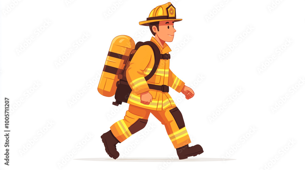 A cartoon firefighter in a yellow uniform walking confidently with a hose and helmet, representing bravery and service. A cartoon firefighter in a yellow uniform walking confidently with a hose and helmet, representing bravery and service.