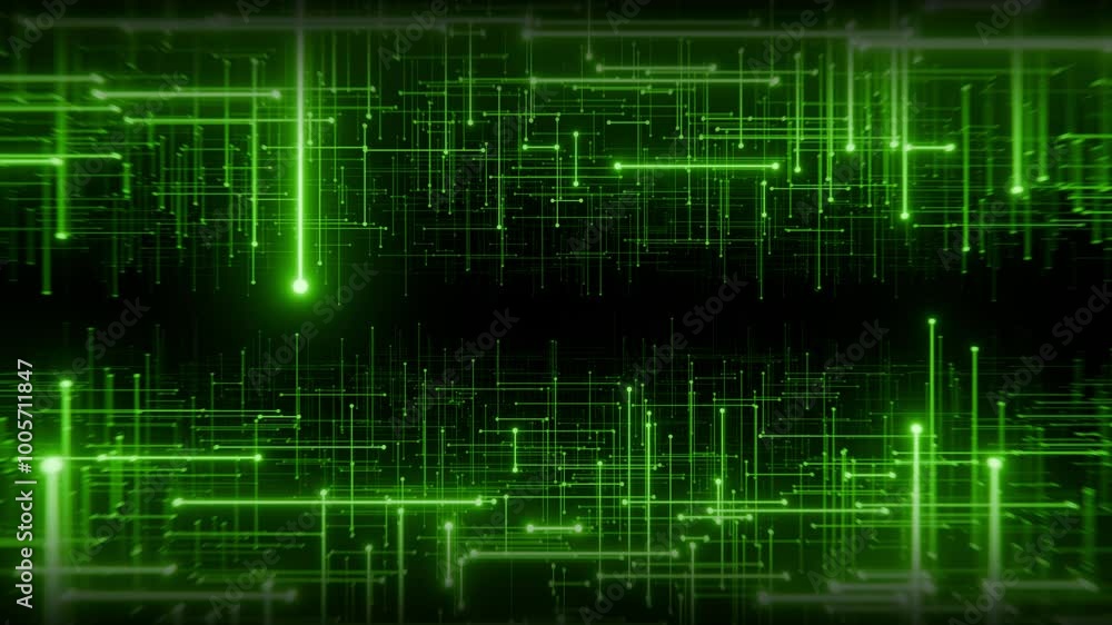 Seamless loop animation of flying through abstract digital space with glowing green lines patterns. Futuristic technology background with bright neon lights in science fiction style. Looped , 4K 60fps Seamless loop animation of flying through abstract digital space with glowing green lines patterns. Futuristic technology background with bright neon lights in science fiction style. Looped , 4K 60fps