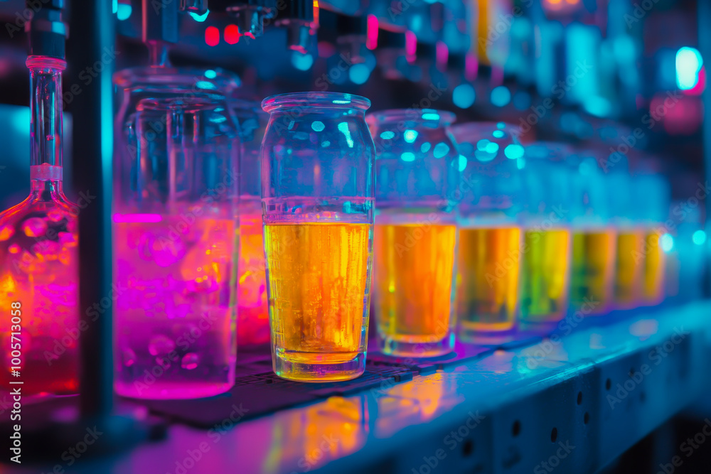 A row of colorful glasses filled with different colored liquids. The glasses are lined up on a counter, and the liquids inside them are glowing in the dark. The scene gives off a futuristic, neon A row of colorful glasses filled with different colored liquids. The glasses are lined up on a counter, and the liquids inside them are glowing in the dark. The scene gives off a futuristic, neon