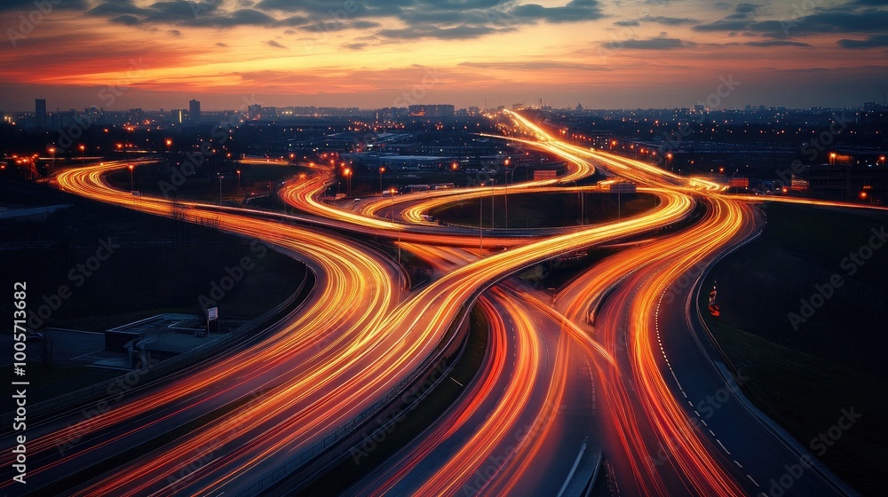Dynamic Traffic Flow at Sunset Over Urban Landscape Dynamic Traffic Flow at Sunset Over Urban Landscape