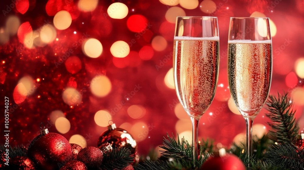 Two champagne glasses set against a festive bokeh backdrop. Happy New Year's Eve and Merry Christmas. Two champagne glasses set against a festive bokeh backdrop. Happy New Year's Eve and Merry Christmas.