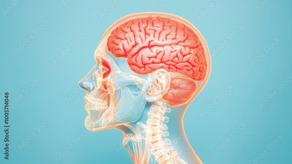 Obraz premium Anatomical model of a human brain and skull side view.