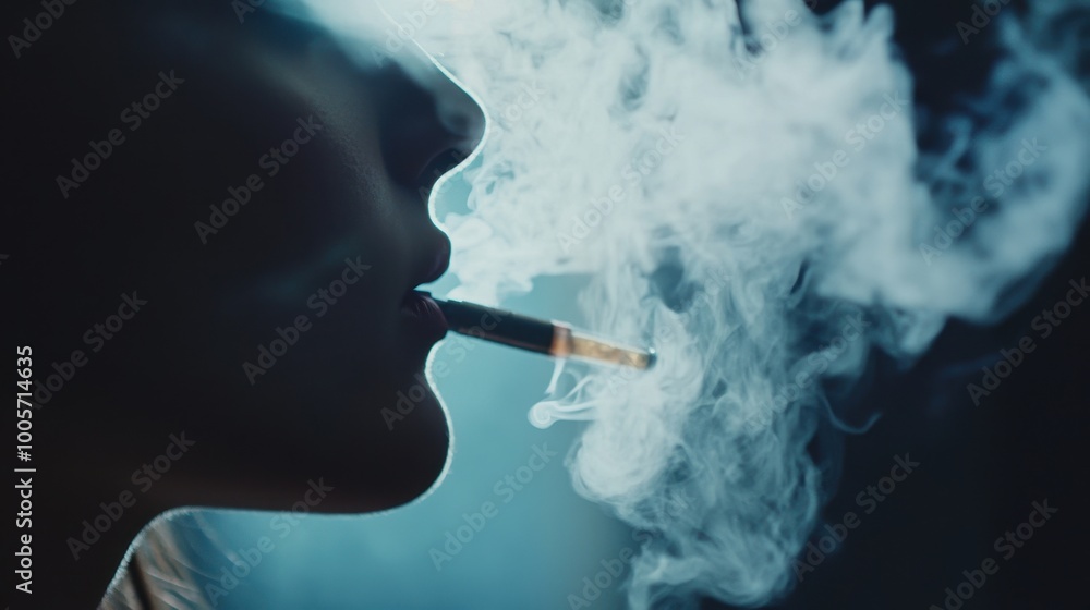 Fototapeta premium Silhouette of Person Inhaling with Smoke Around
