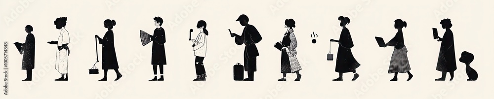 Each person represents a different era, from Neolithic times to the Digital Age, engaged in everyday tasks like weaving, exploring Each person represents a different era, from Neolithic times to the Digital Age, engaged in everyday tasks like weaving, exploring